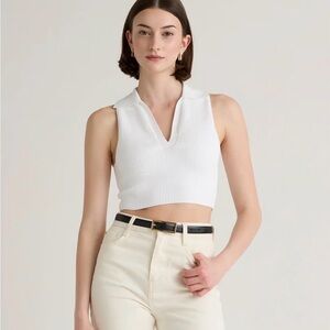 Quince White Ribbed Collared V-Neck Cropped Tank